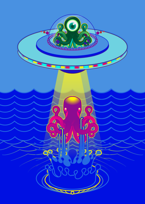 Vector image of the alien i spaceship sucking octopus